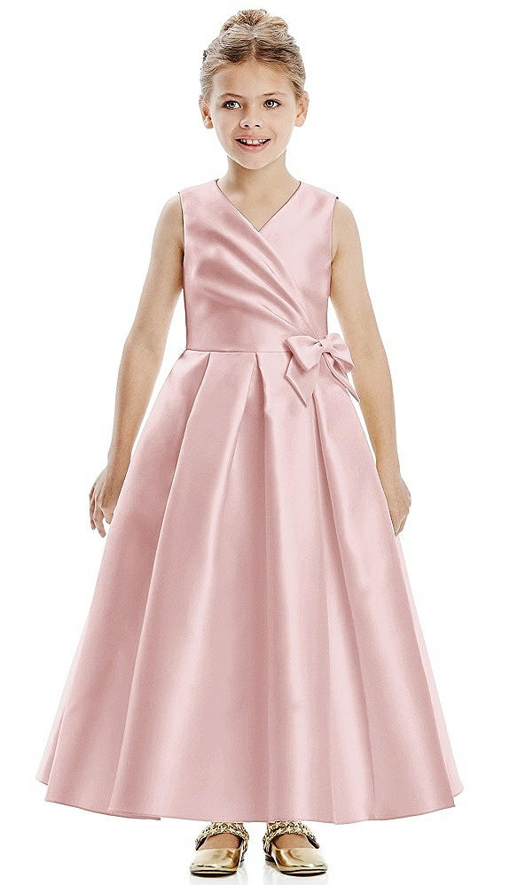 Front View - Ballet Pink Faux Wrap Pleated Skirt Satin Twill Flower Girl Dress with Bow
