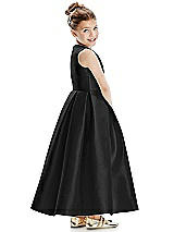 Rear View Thumbnail - Black Faux Wrap Pleated Skirt Satin Twill Flower Girl Dress with Bow
