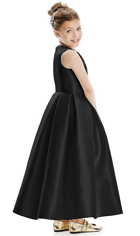 Back View - Black Faux Wrap Pleated Skirt Satin Twill Flower Girl Dress with Bow