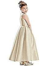 Rear View Thumbnail - Champagne Faux Wrap Pleated Skirt Satin Twill Flower Girl Dress with Bow