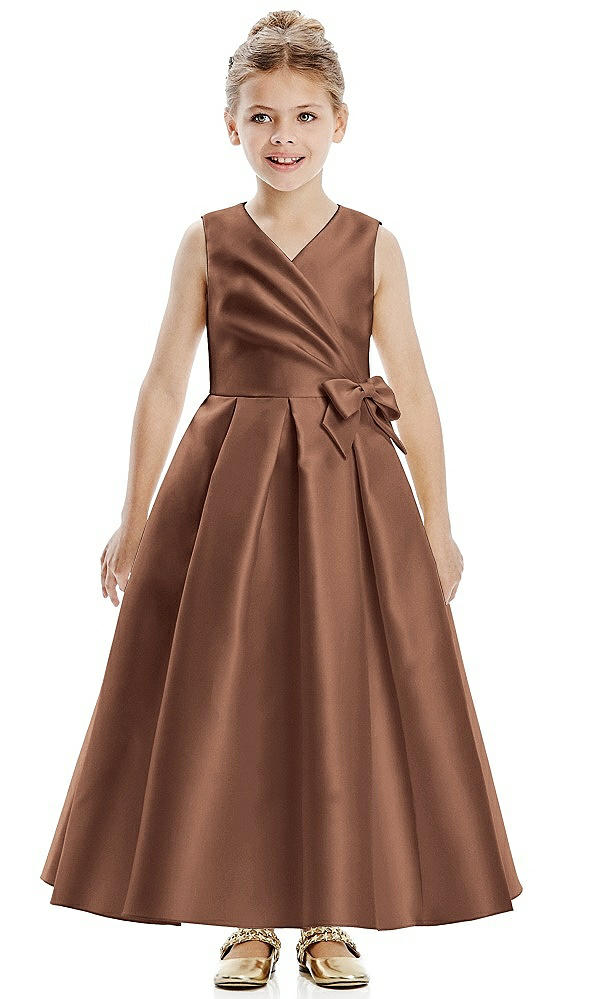 Front View - Cognac Faux Wrap Pleated Skirt Satin Twill Flower Girl Dress with Bow