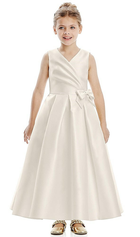 Front View - Ivory Faux Wrap Pleated Skirt Satin Twill Flower Girl Dress with Bow
