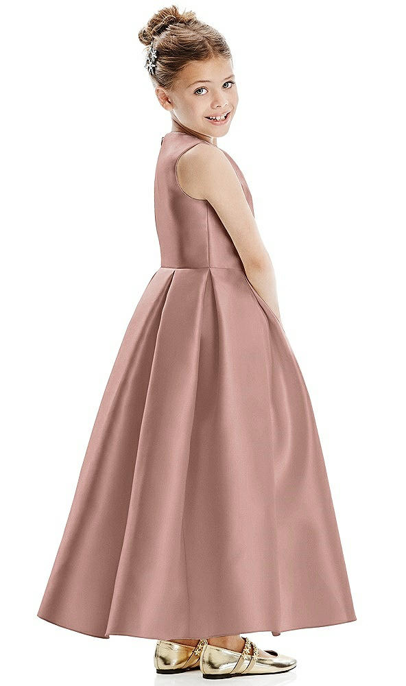 Back View - Neu Nude Faux Wrap Pleated Skirt Satin Twill Flower Girl Dress with Bow