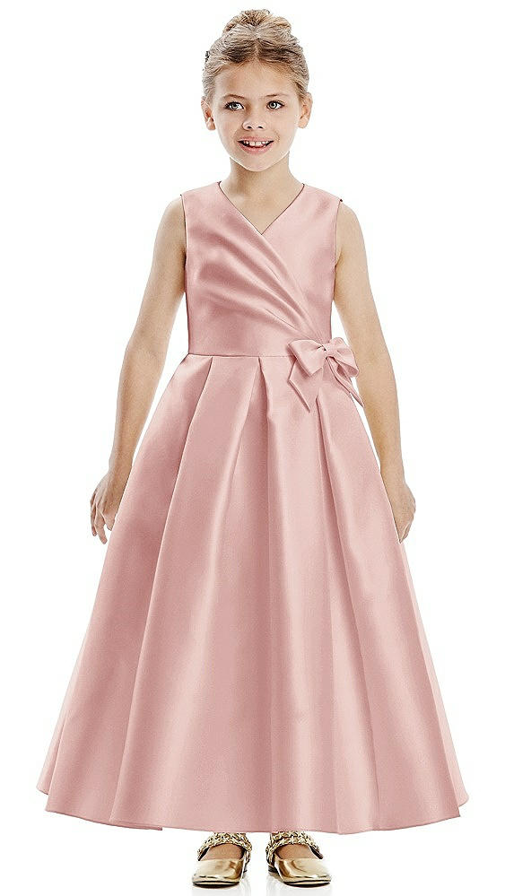 Front View - Rose Faux Wrap Pleated Skirt Satin Twill Flower Girl Dress with Bow