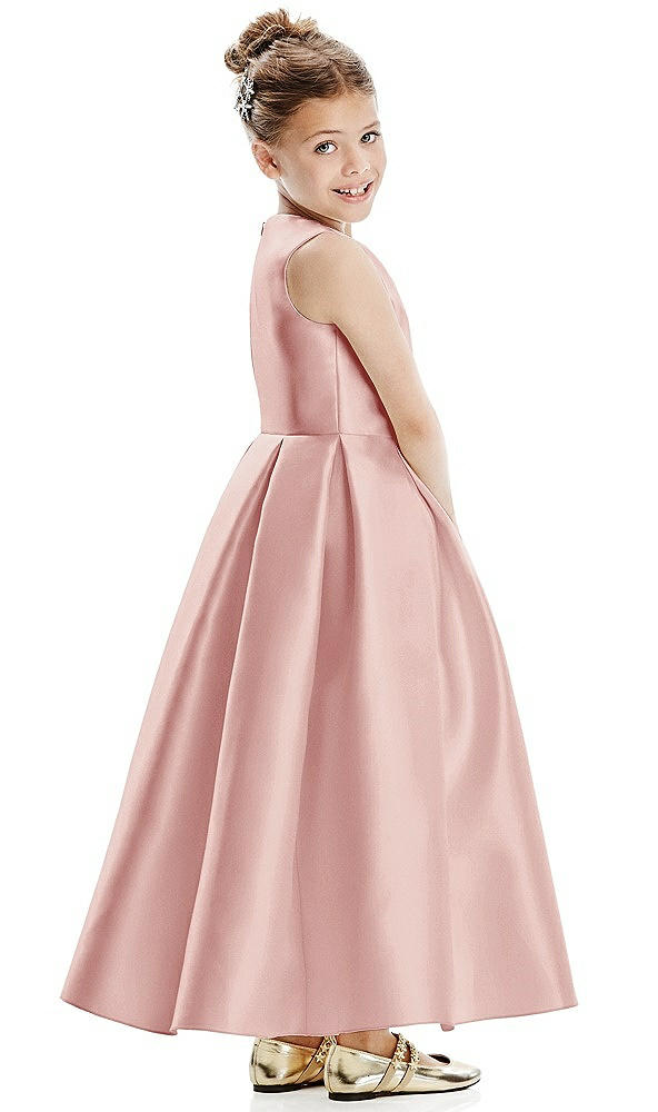 Back View - Rose Faux Wrap Pleated Skirt Satin Twill Flower Girl Dress with Bow