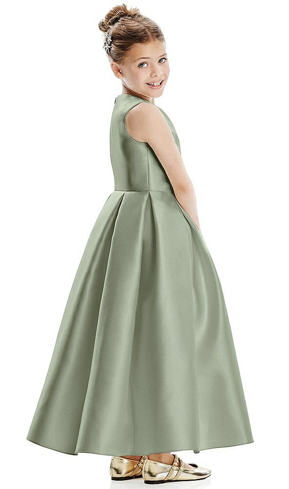 Back View - Sage Faux Wrap Pleated Skirt Satin Twill Flower Girl Dress with Bow