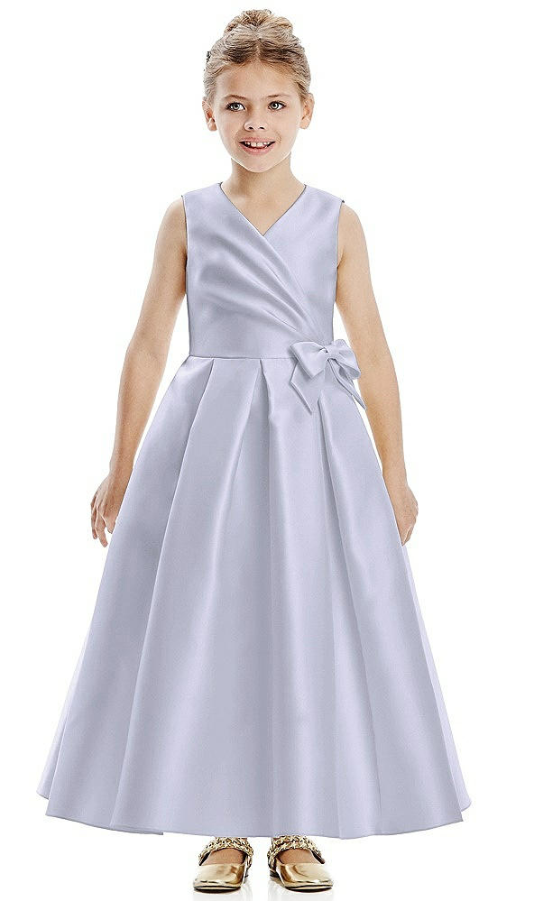 Front View - Silver Dove Faux Wrap Pleated Skirt Satin Twill Flower Girl Dress with Bow