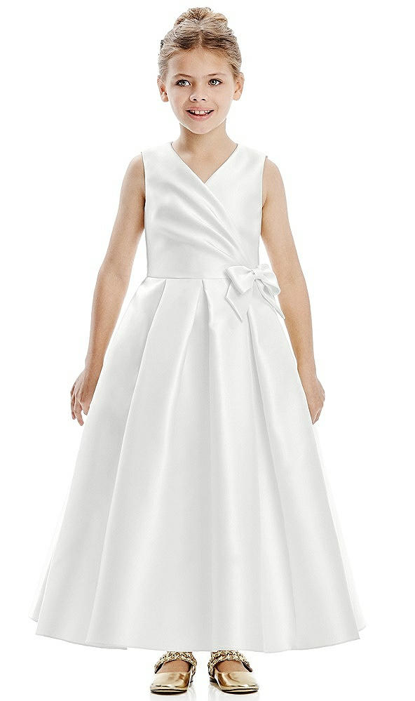 Front View - White Faux Wrap Pleated Skirt Satin Twill Flower Girl Dress with Bow