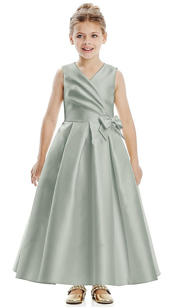 Front View - Willow Green Faux Wrap Pleated Skirt Satin Twill Flower Girl Dress with Bow