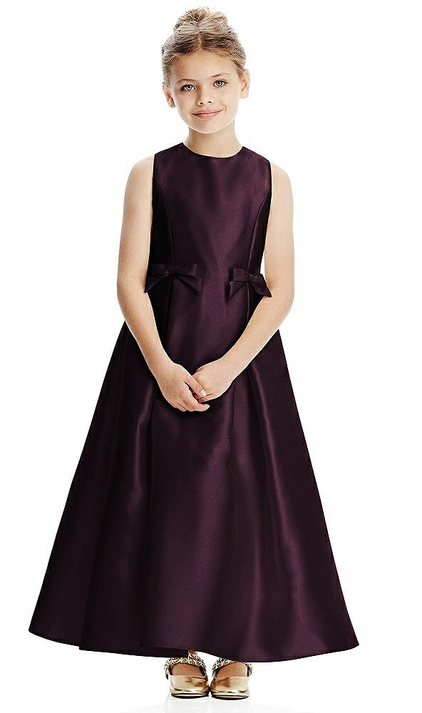 Front View - Deep Plum Princess Line Satin Twill Flower Girl Dress with Bows