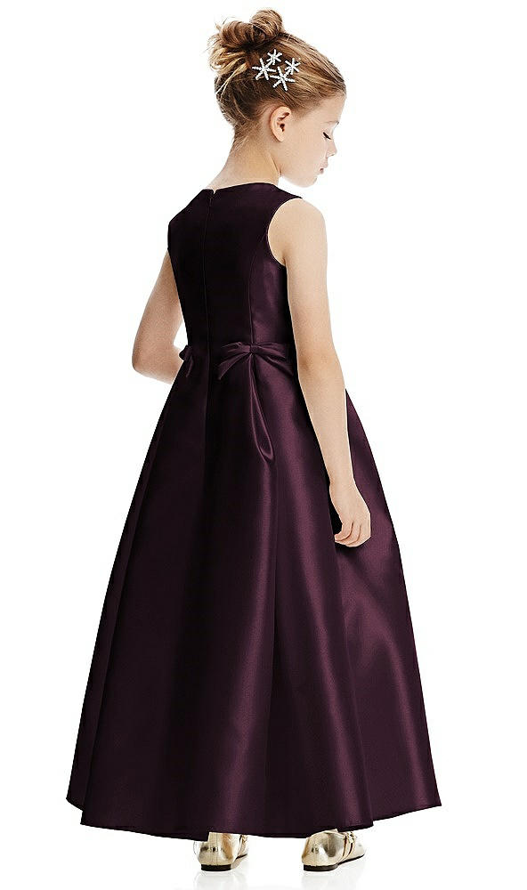 Back View - Deep Plum Princess Line Satin Twill Flower Girl Dress with Bows