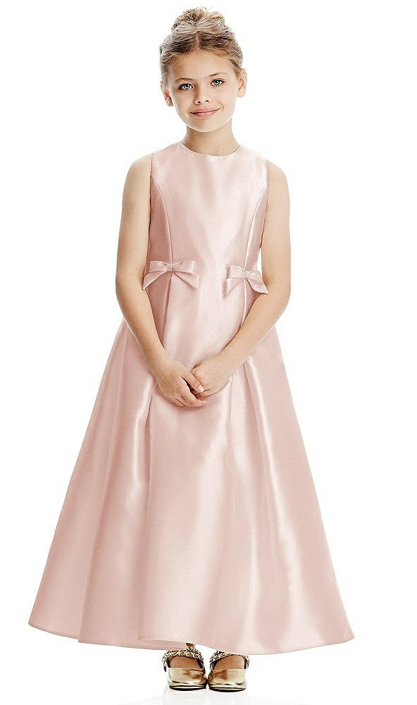 Front View - Blush Princess Line Satin Twill Flower Girl Dress with Bows