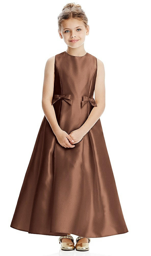 Front View - Cognac Princess Line Satin Twill Flower Girl Dress with Bows