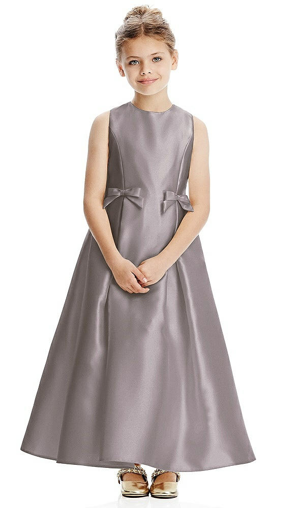 Front View - Cashmere Gray Princess Line Satin Twill Flower Girl Dress with Bows