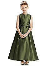 Front View Thumbnail - Olive Green Princess Line Satin Twill Flower Girl Dress with Bows