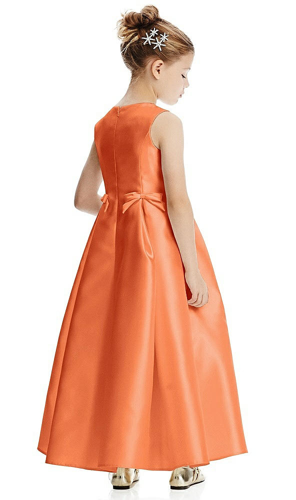 Back View - Portofino Orange Princess Line Satin Twill Flower Girl Dress with Bows
