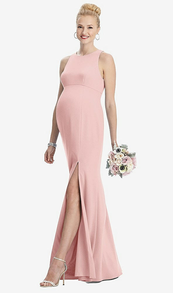 Front View - Rose Sleeveless Halter Maternity Dress with Front Slit