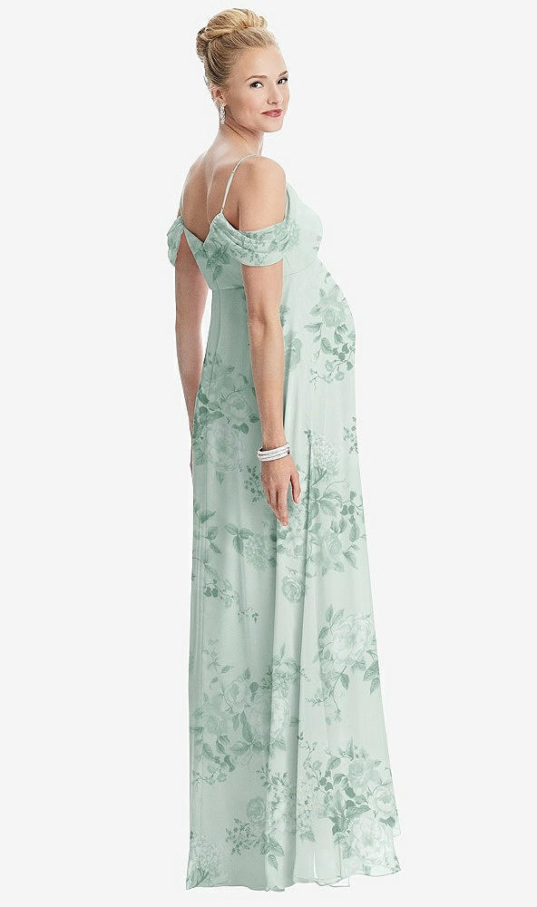 Back View - Mint Green Floral Draped Cold-Shoulder Chiffon Maternity Dress