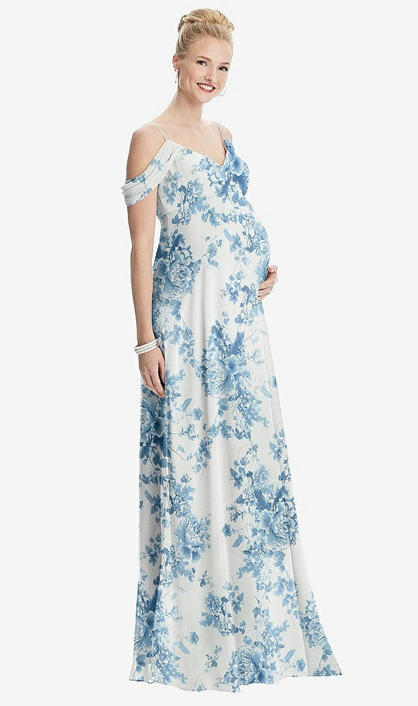 Front View - Cottage Rose Dusk Blue Draped Cold-Shoulder Chiffon Maternity Dress