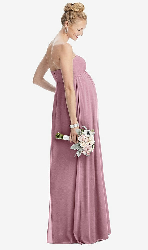 Back View - Dusty Pink Strapless Chiffon Shirred Skirt Maternity Dress