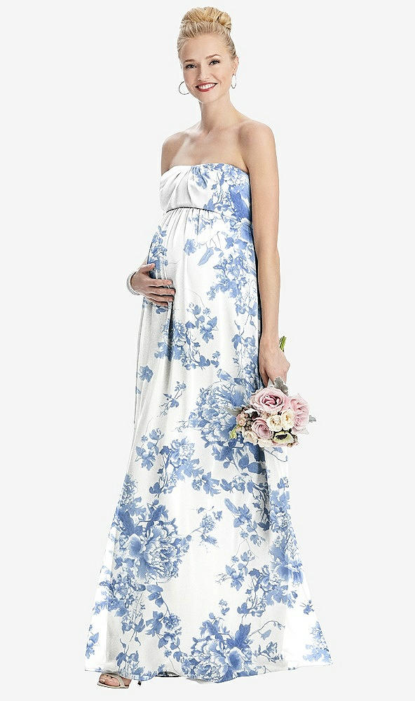 Front View - Cottage Rose Dusk Blue Strapless Chiffon Shirred Skirt Maternity Dress