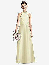 Front View Thumbnail - Butter Yellow Halter Open-back Satin Junior Bridesmaid Dress with Pockets