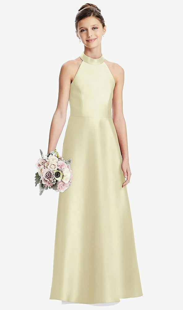 Front View - Butter Yellow Halter Open-back Satin Junior Bridesmaid Dress with Pockets