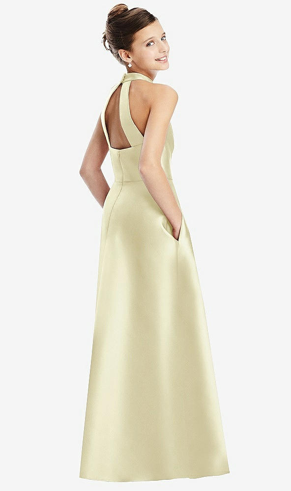 Back View - Butter Yellow Halter Open-back Satin Junior Bridesmaid Dress with Pockets