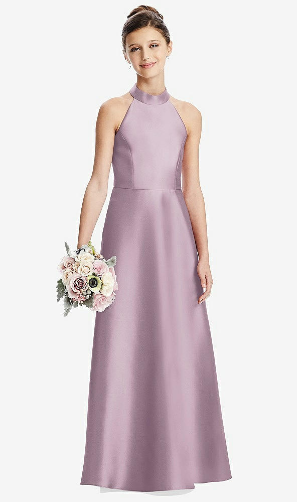 Front View - Suede Rose Halter Open-back Satin Junior Bridesmaid Dress with Pockets