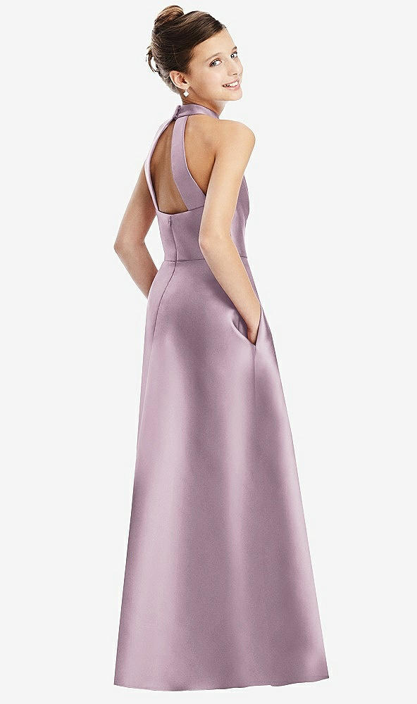 Back View - Suede Rose Halter Open-back Satin Junior Bridesmaid Dress with Pockets