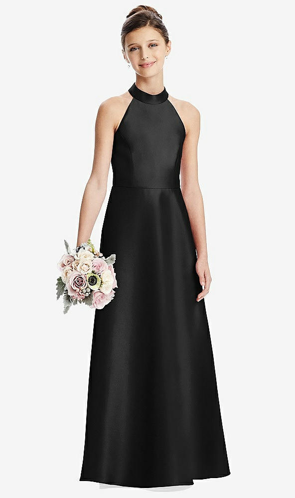 Front View - Black Halter Open-back Satin Junior Bridesmaid Dress with Pockets