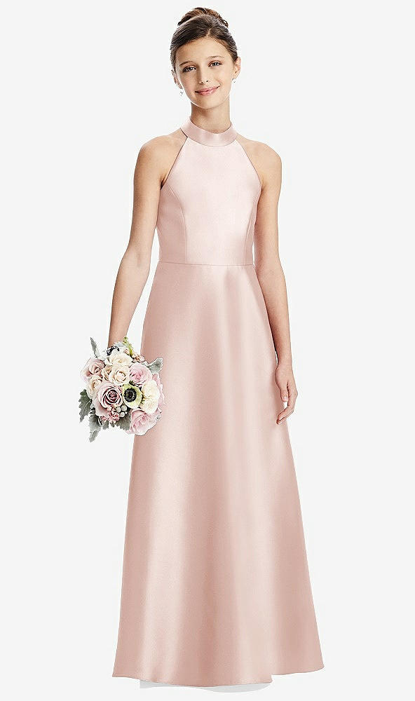 Front View - Blush Halter Open-back Satin Junior Bridesmaid Dress with Pockets