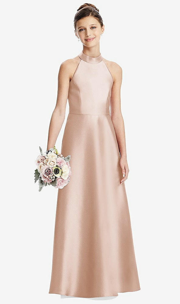 Front View - Cameo Halter Open-back Satin Junior Bridesmaid Dress with Pockets