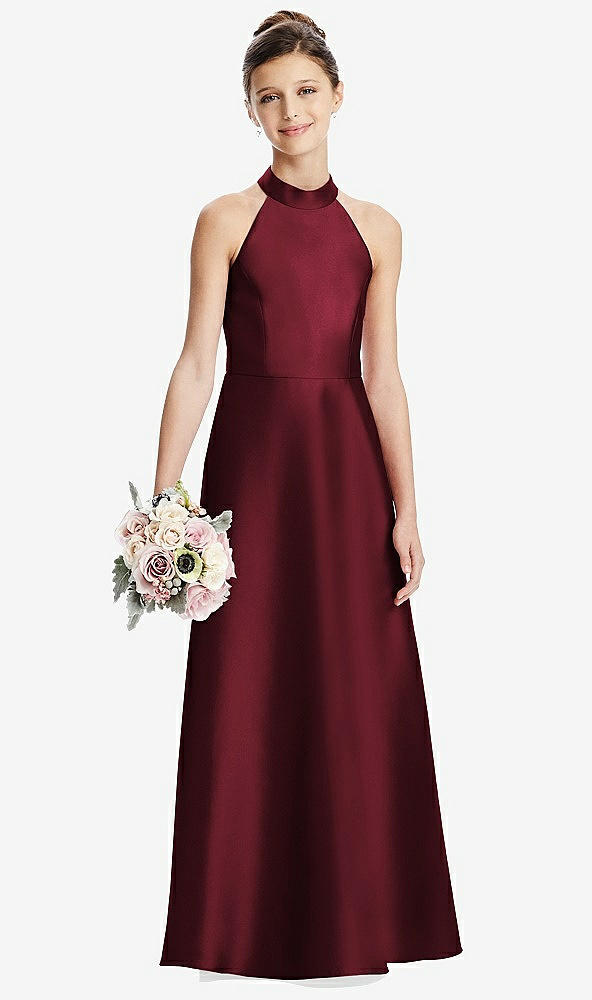Front View - Cabernet Halter Open-back Satin Junior Bridesmaid Dress with Pockets