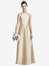 Front View Thumbnail - Champagne Halter Open-back Satin Junior Bridesmaid Dress with Pockets
