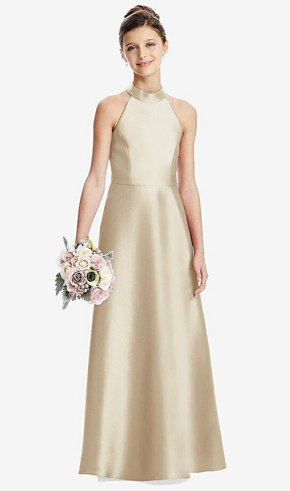 Front View - Champagne Halter Open-back Satin Junior Bridesmaid Dress with Pockets