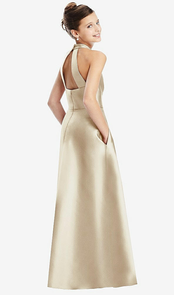 Back View - Champagne Halter Open-back Satin Junior Bridesmaid Dress with Pockets