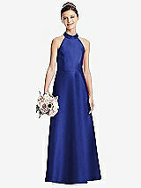 Front View Thumbnail - Cobalt Blue Halter Open-back Satin Junior Bridesmaid Dress with Pockets