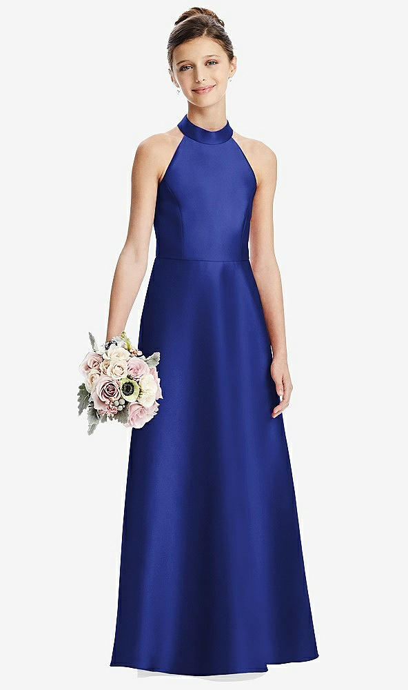 Front View - Cobalt Blue Halter Open-back Satin Junior Bridesmaid Dress with Pockets