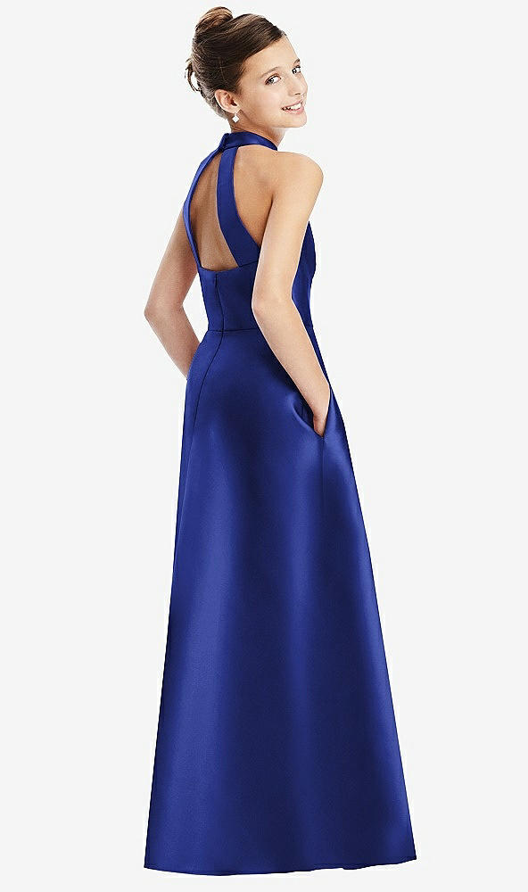 Back View - Cobalt Blue Halter Open-back Satin Junior Bridesmaid Dress with Pockets