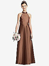 Front View Thumbnail - Cognac Halter Open-back Satin Junior Bridesmaid Dress with Pockets
