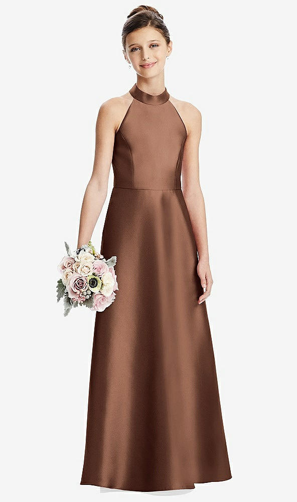 Front View - Cognac Halter Open-back Satin Junior Bridesmaid Dress with Pockets