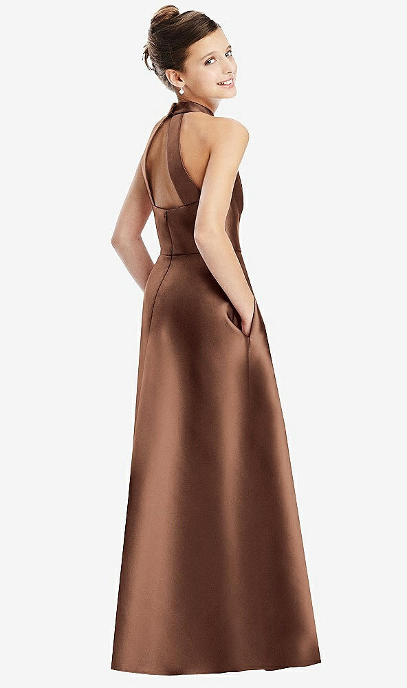 Back View - Cognac Halter Open-back Satin Junior Bridesmaid Dress with Pockets