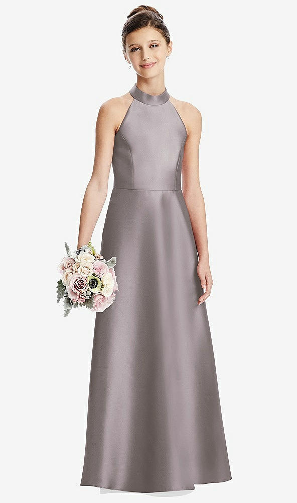 Front View - Cashmere Gray Halter Open-back Satin Junior Bridesmaid Dress with Pockets