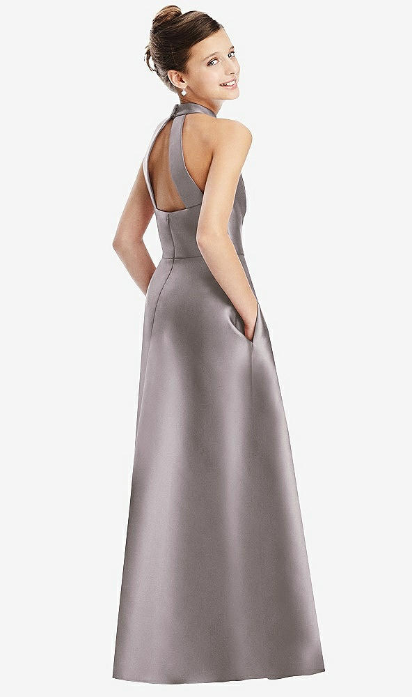 Back View - Cashmere Gray Halter Open-back Satin Junior Bridesmaid Dress with Pockets