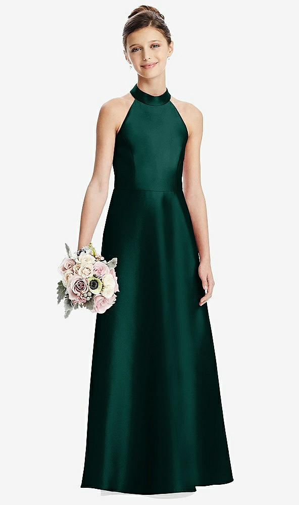 Front View - Evergreen Halter Open-back Satin Junior Bridesmaid Dress with Pockets