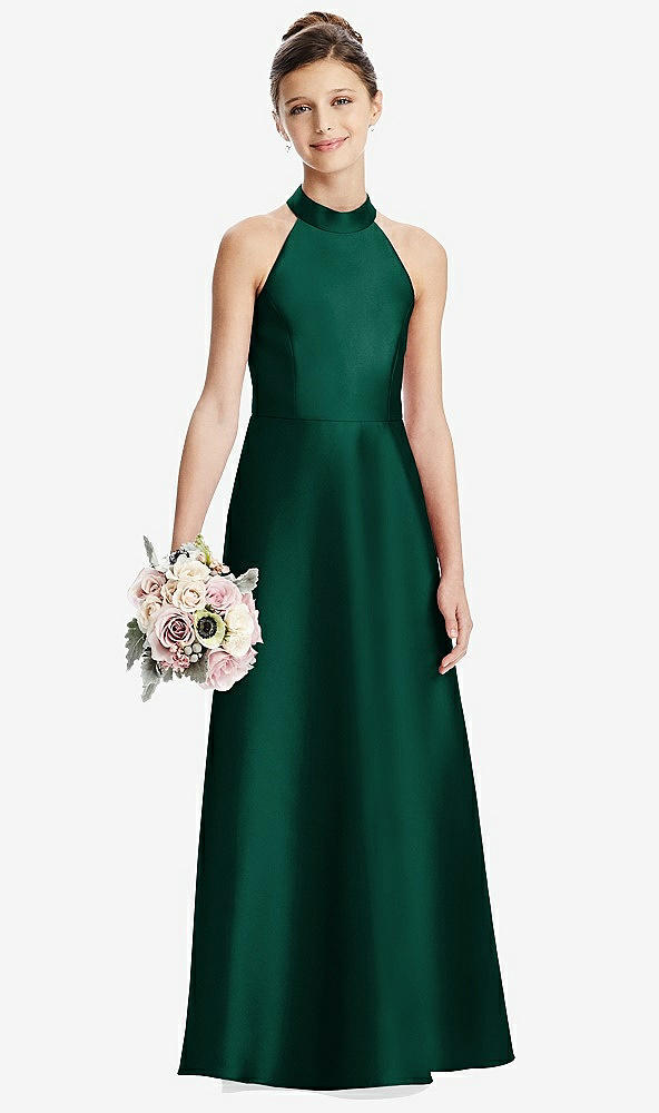 Front View - Hunter Green Halter Open-back Satin Junior Bridesmaid Dress with Pockets