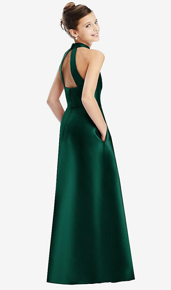 Back View - Hunter Green Halter Open-back Satin Junior Bridesmaid Dress with Pockets
