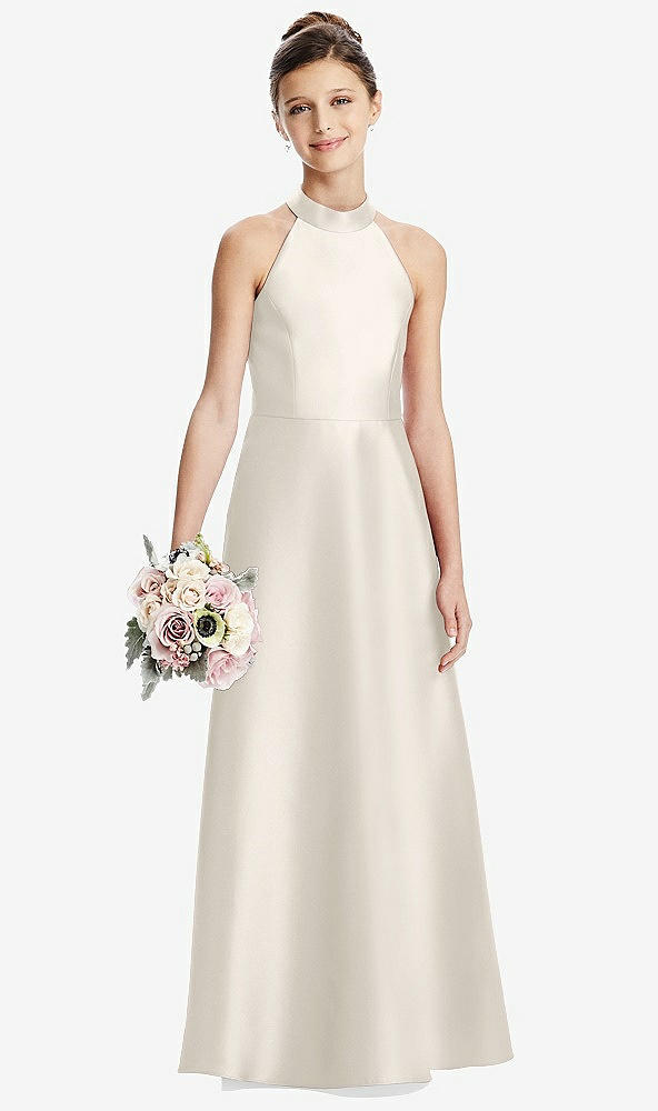 Front View - Ivory Halter Open-back Satin Junior Bridesmaid Dress with Pockets