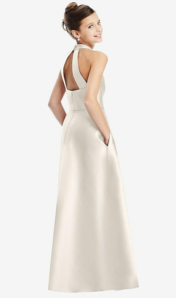 Back View - Ivory Halter Open-back Satin Junior Bridesmaid Dress with Pockets